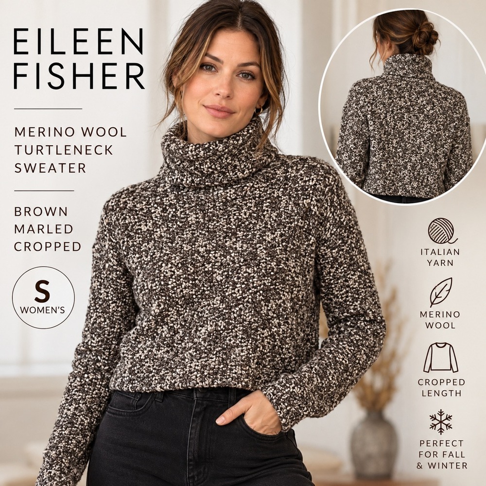 Eileen Fisher Merino Wool Turtleneck Sweater S Brown Marled Italian Knit Cropped